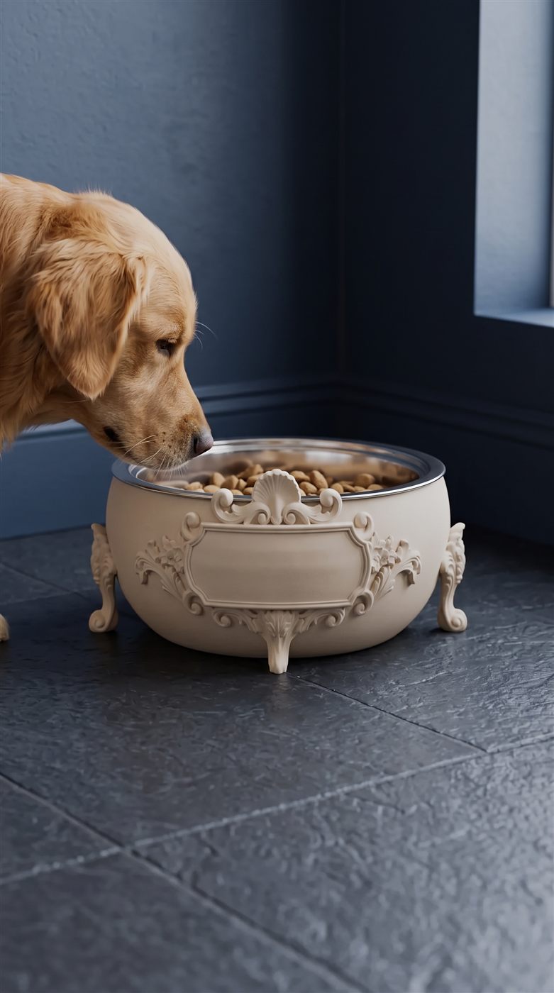A golden dog next to a cream baroque bowl