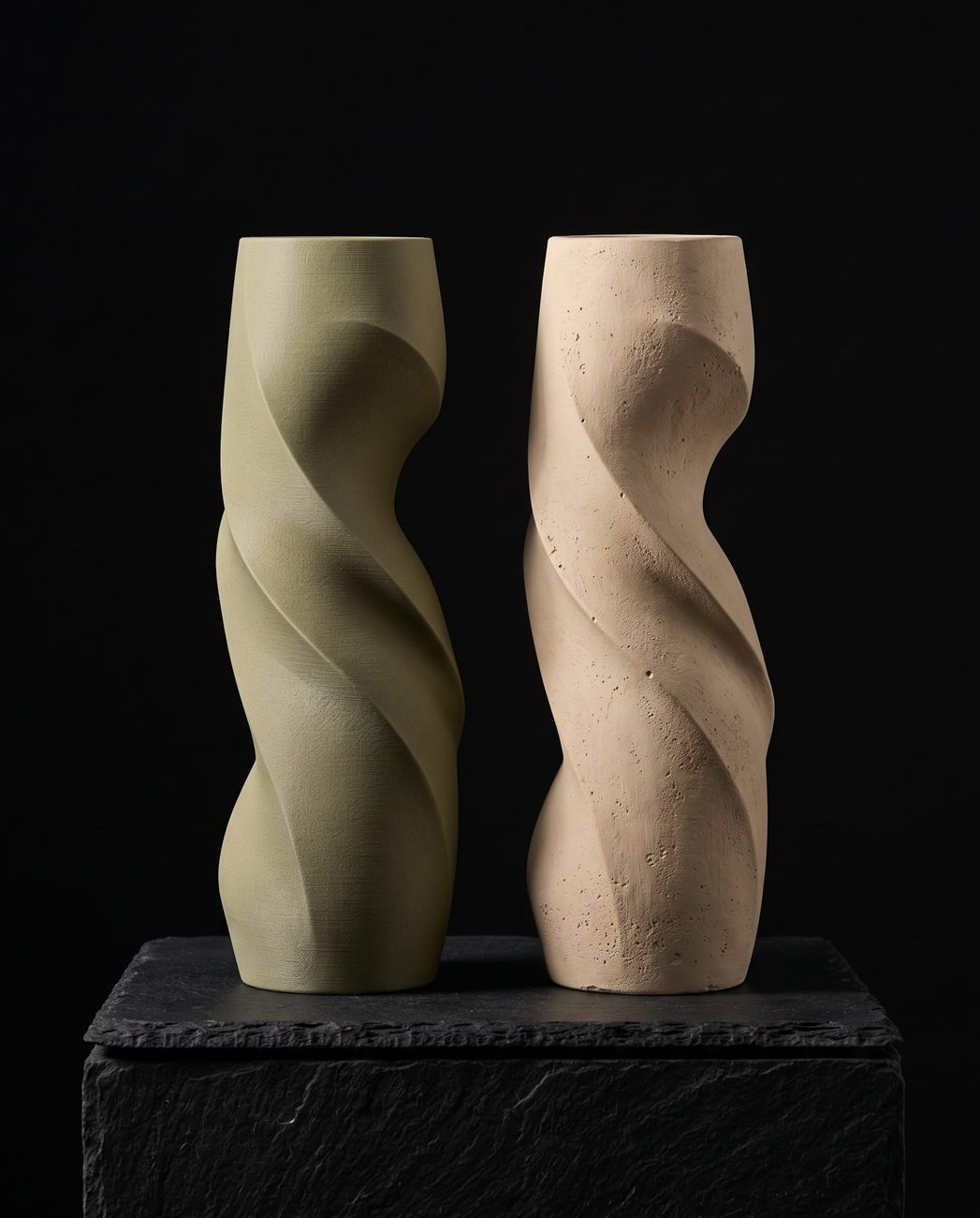 Two twisted vases, printed and cast